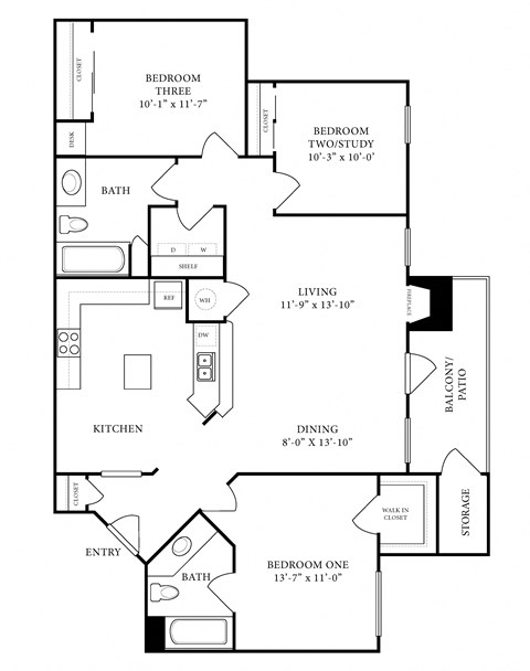 Floor plan for 3 beds, 2 baths, 1223 sqft